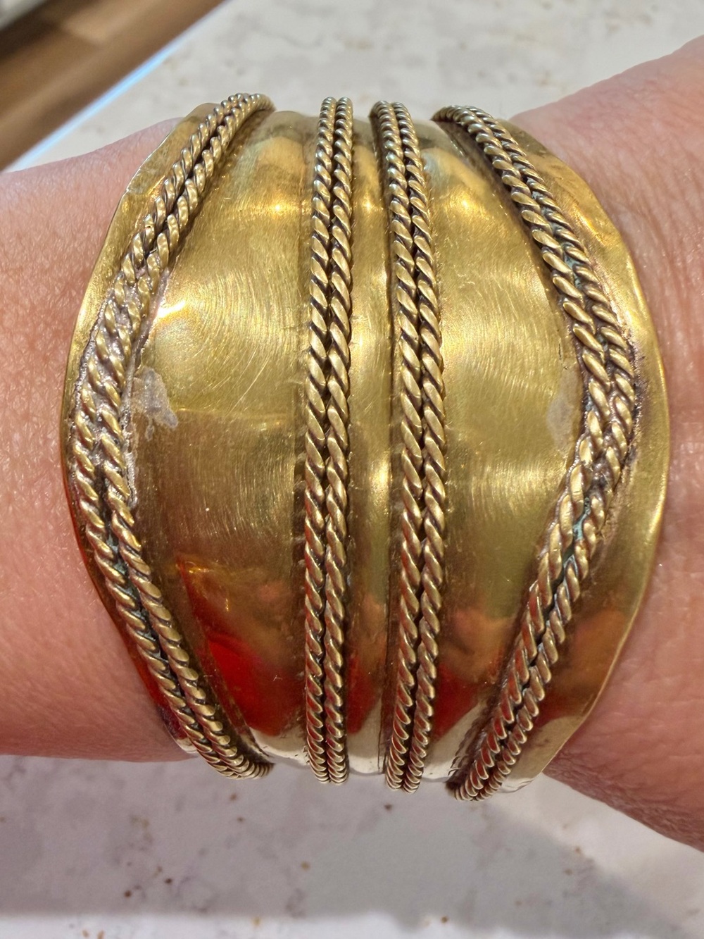 Vintage 1970s Wide Brass Dome Cuff Bracelet โ Statement Bangle